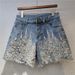 Women's Clothing New Street Blasting Heavy Duty Beaded High Waisted Slim Denim Shorts For Women Fashionable And Versatile Wide Leg Hot Pants_ecoleips.com