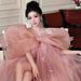 Blush Pink Off-Shoulder Chiffon Dress With Bow Accents, Ethereal Bridal Robe For Engagement Party & Birthday Celebration_ecoleips.com