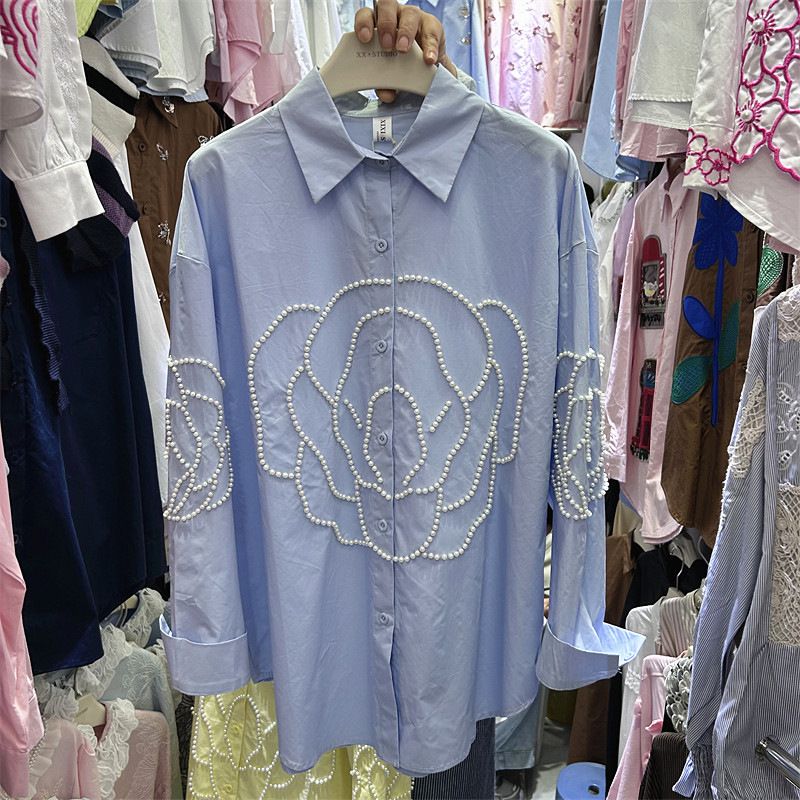 Women's European Style Heavy Duty Beaded Rose Blouse Stylish Lapel Loose Long Sleeves Elegant Versatile Spring Autumn Top_ecoleips.com