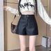 Black Pants High Waist A-line For Women Early Spring Small Stature Outer Wear PU Leather Wide-leg Ultra Shorts 2025 New_ecoleips.com