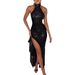 2025 Summer New Fashion Elegant Solid Color Shimmer Sexy Backless Side Slit Off-Shoulder Halter Dress For Women_ecoleips.com