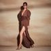 High-End European American Women's Long Sleeve Dress Sexy Slit Deep V Neck Formal Slim Fit with Heavy Duty Waist Belt Long Skirt_ecoleips.com