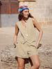Women's Clothing Cotton And Linen Vest Shorts Suit Green Vest Shorts Casual Suit_ecoleips.com