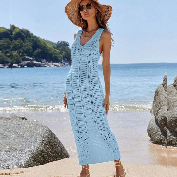 Women's Clothing Sleeveless Knitted Beach Dress Hollow Bikini Cover Up Long Vest Dress_ecoleips.com