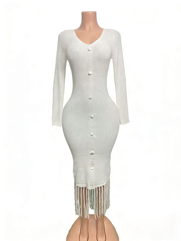 Women's Sexy V Neck Tassel Hem Bodycon Skirt Solid Color Single Breasted Long Knitted Dress_ecoleips.com