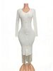 Women's Sexy V Neck Tassel Hem Bodycon Skirt Solid Color Single Breasted Long Knitted Dress_ecoleips.com