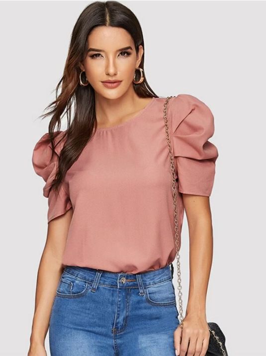 Women's Slim Fit Round Neck Blouse Lantern Sleeve Casual Elegant Fashion Top With Buttons Solid Color American Style For Spring/Autumn Summer_ecoleips.com