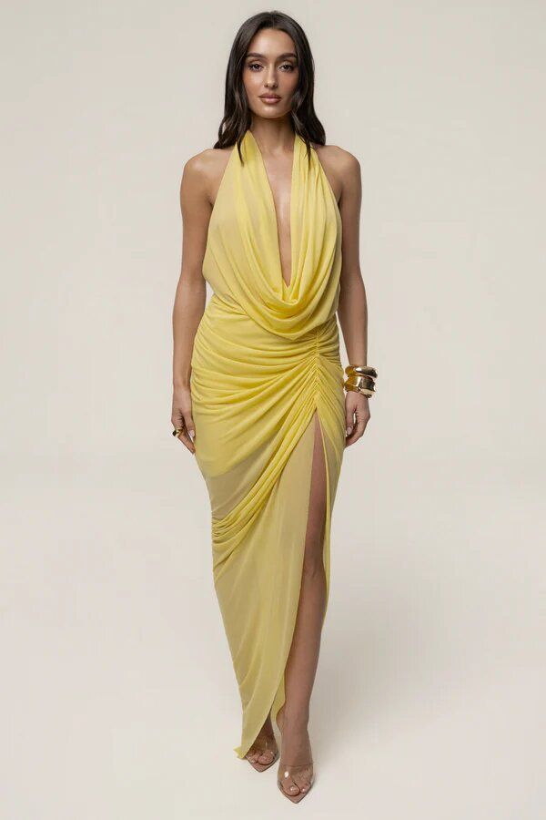 Women's Clothing Women's Yellow Dress Halter Neck Deep V Neck Open Back Crystal Slit Pleats For Formal & Casual For Women_ecoleips.com