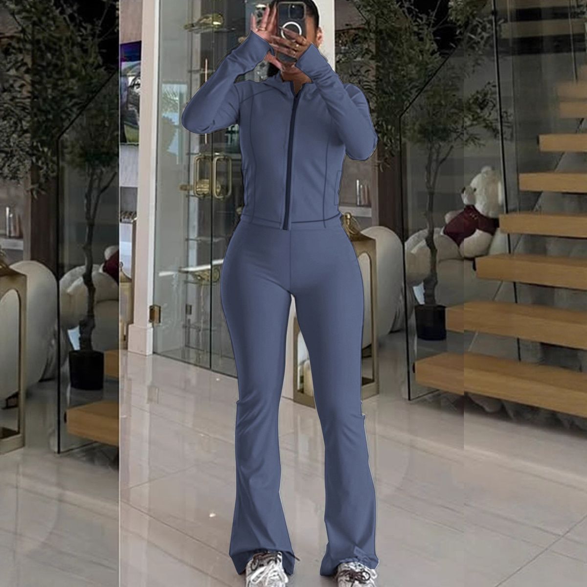 Women's Zip-Up Track Suit Set - Stylish Stand Collar Jacket & Wide-Leg Joggers, Trendy Streetwear Outfit For Casual & Sporty Look_ecoleips.com