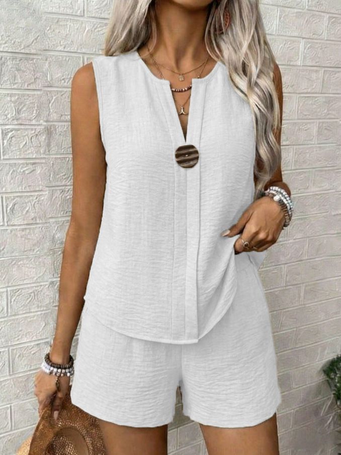 Women's Solid Color Casual Suit V-Neck Sleeveless Shirt with Pocket And Shorts Two-Piece Set European American Style_ecoleips.com