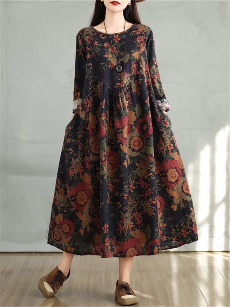 Cotton Vintage Print Floral Dresses 2026 Women Casual Loose Long Sleeve Dress Femme Robe Vestidos Elegant Spring Autumn Clothing_ecoleips.com