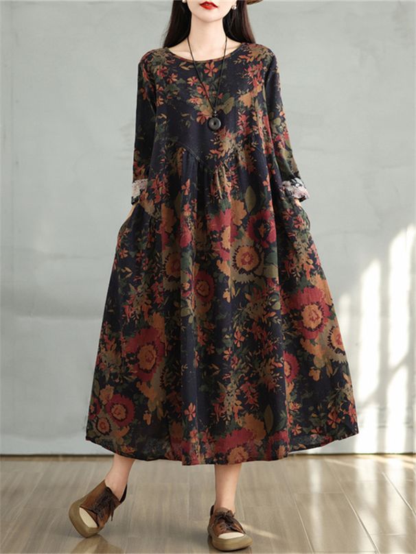 Cotton Vintage Print Floral Dresses 2026 Women Casual Loose Long Sleeve Dress Femme Robe Vestidos Elegant Spring Autumn Clothing_ecoleips.com