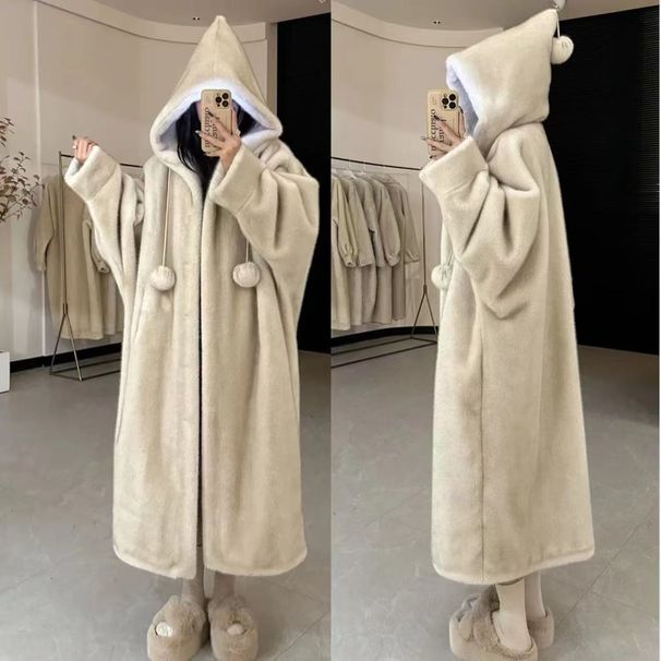 Witchy Hooded Faux Fur Coat Longline Vegan Teddy Jacket, Cruelty-Free Plush Outerwear, Boho Chic Cape Style (Mid-Long & Full-Length), Neutral Palette_ecoleips.com