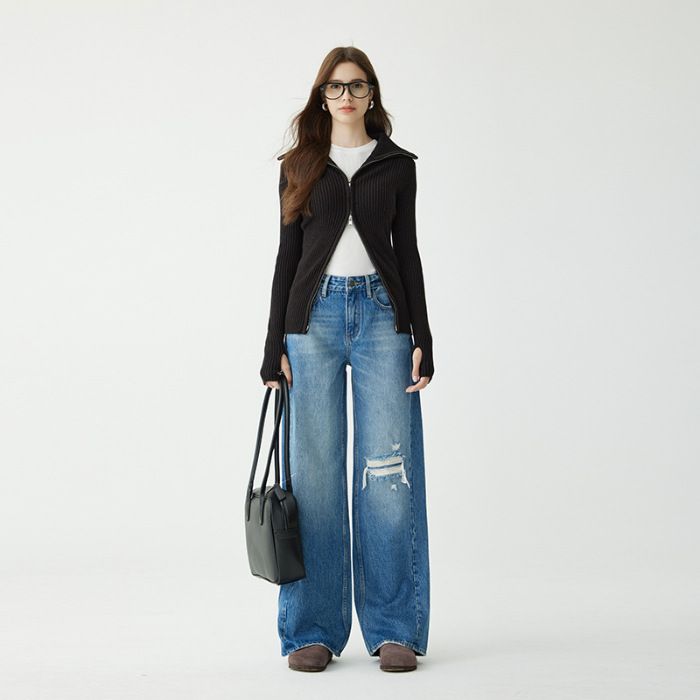 Women's Clothing High End Women's Loose Ripped Jeans Textured Pure Cotton Floor Length Straight Wide Leg Pants For Spring Autumn_ecoleips.com