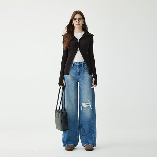 Women's Clothing High End Women's Loose Ripped Jeans Textured Pure Cotton Floor Length Straight Wide Leg Pants For Spring Autumn_ecoleips.com