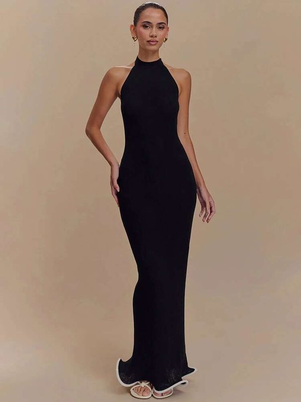 Blifanbo Halter Backless Sexy Maxi Dress Women Gown Fashion Patchwork Off-shoulder Sleeveless Bodycon Club Party Long Dress_ecoleips.com