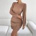 Women's Long Sleeve Bodycon Knit Dress, High Waist A-Line Dress With Ruffle Hem, Sexy & Elegant Fall/Winter Dress (Burgundy/Black/Khaki)_ecoleips.com