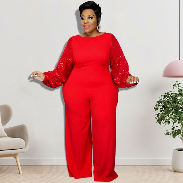Plus Size Sequin Sleeve Round Neck Jumpsuit For Women Winter Fashionable Design_ecoleips.com