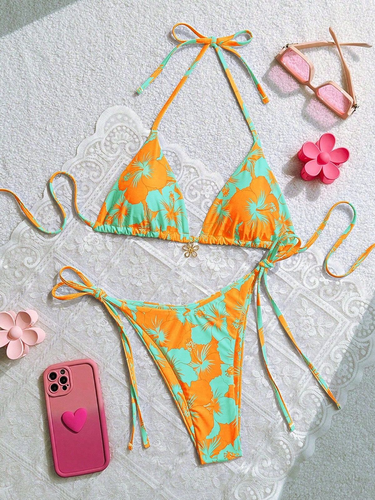New 2025 Women's Floral Print Bikini Tie Neck Sexy European American Fresh Cute Two Piece Swimsuit_ecoleips.com