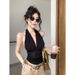 Spicy Girl Halter Neck Black Camisole For Women, Summer Low V-Neck Sleeveless Backless Inner Wear Mesh Short Top_ecoleips.com