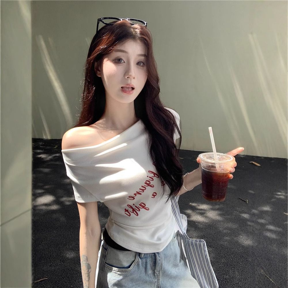 One-word Collar Short-sleeved Slim-fit T-shirt Women's Summer Letter Print Slim Spice Girl Versatile Short Off-shoulder Top_ecoleips.com