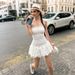 Girly Strapless Dress For Women Cinched Waist Jacquard Fabric Slim Fit Ruffled Hem_ecoleips.com