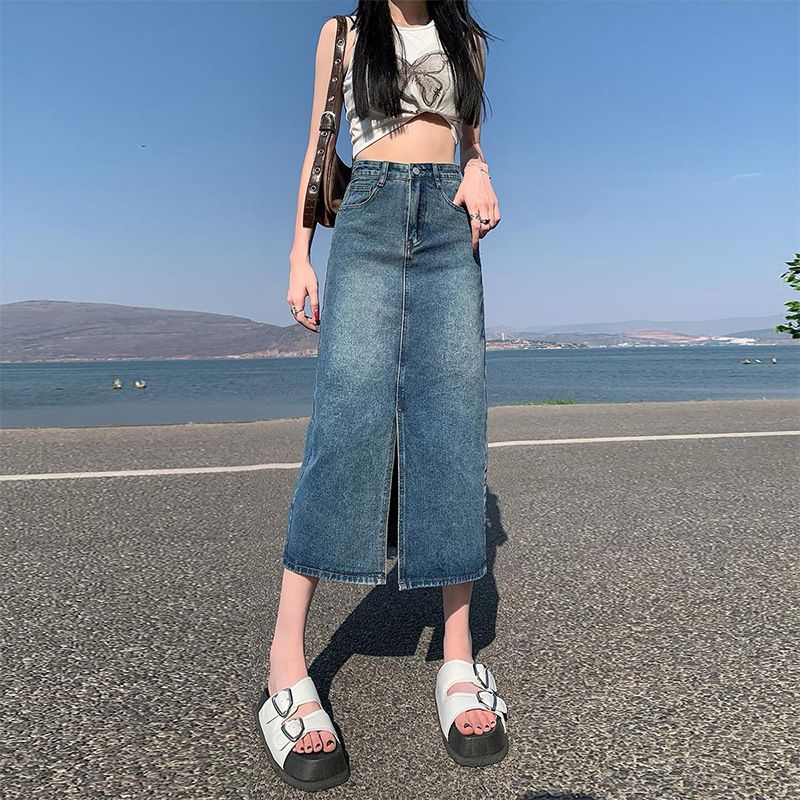 Women's Clothing Denim Skirt Spring High Waist Hip Skirt New Retro Straight Loose A Line Mid Length Skirt_ecoleips.com