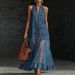 Women's Retro Denim Patchwork Long Dress Casual Sleeveless Ruffle_ecoleips.com