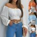 Women's Clothing Spring Summer Women's Off Shoulder Long Sleeve Cross Strap Top Style For Formal & Casual For Women_ecoleips.com