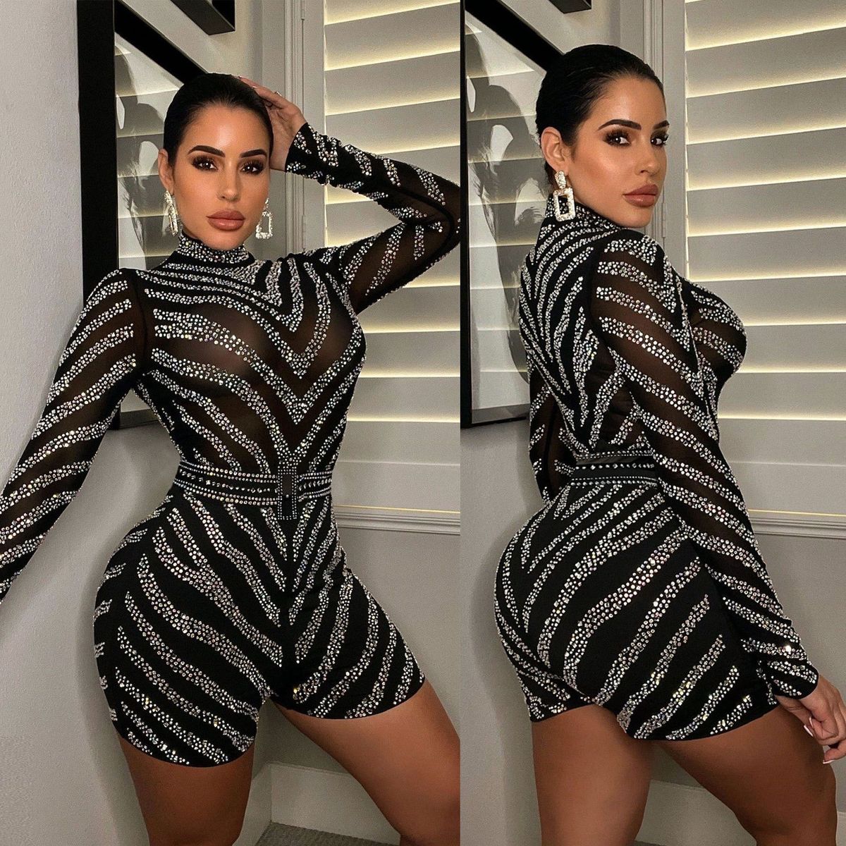 Women's Clothing Transparent Sexy Slim Waist Hot Diamond High Collar Long Sleeve Short Jumpsuit_ecoleips.com