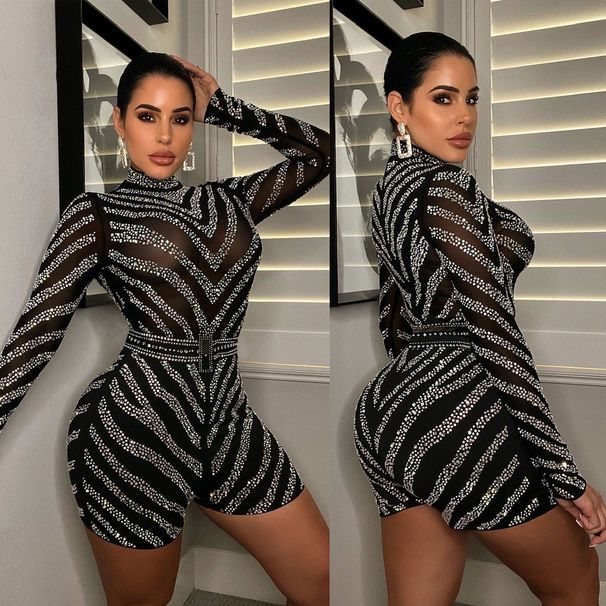 Women's Clothing Transparent Sexy Slim Waist Hot Diamond High Collar Long Sleeve Short Jumpsuit_ecoleips.com