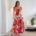 Retro Floral Patchwork Maxi Dress – Elegant Square Neckline, Short Sleeve French Style Dress, Vintage-Inspired Polyester Blend_ecoleips.com