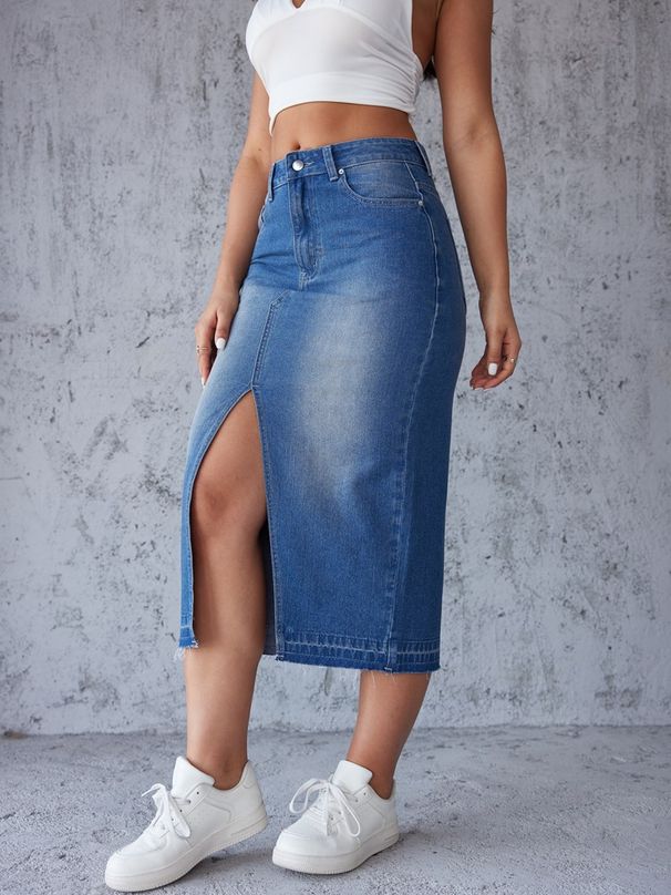 Cross-border 2024 European And American Fashion Trend Blue Denim With Slit, Bodycon A-line Long Skirt_ecoleips.com