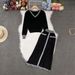 Women's Fashion Color Block V Neck Knit Top With Single Breasted Slim Fit Skirt Spring Autumn Loose Pant Set_ecoleips.com