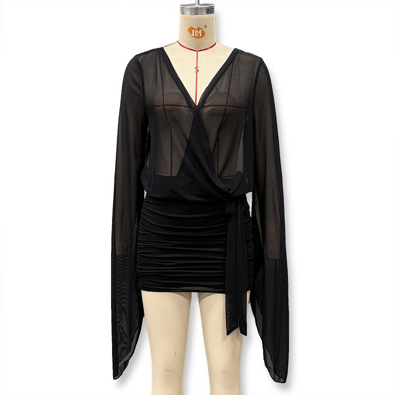 DFQ251128 Sexy Deep V Backless Bodycon Dress – Sheer Mesh Long Sleeve Mini Dress For Women_ecoleips.com