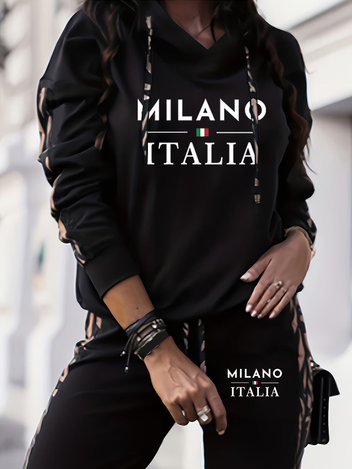 Women's European American Style Casual Two Piece Set Vacation Wear With Letter Print Hooded Top And Matching Pants Long Sleeves_ecoleips.com