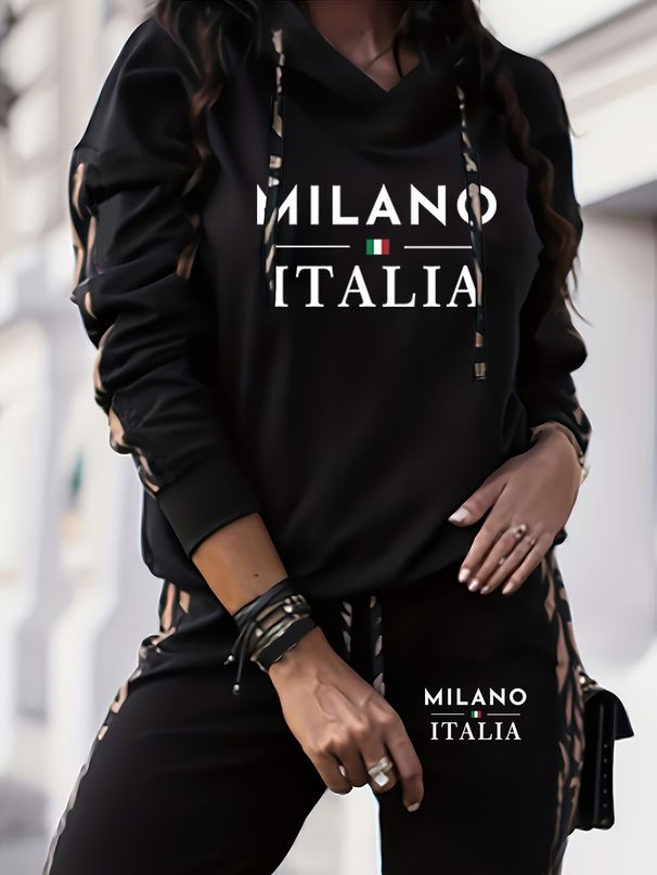 Women's European American Style Casual Two Piece Set Vacation Wear With Letter Print Hooded Top And Matching Pants Long Sleeves_ecoleips.com