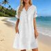 Elegant V-Neck Short Sleeve Shirt Dress Button Detail Lightweight Blend A-Line Cut Women Multiple Colors Available_ecoleips.com