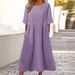 Summer Short Sleeve Cotton Linen Dress round Neck Loose Fit mid Length plus Size New Style Hot Selling for Export 2024 Q241_ecoleips.com