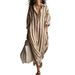 Women's Loose Fit V-Neck Long Striped Shirt Dress With 3/4 Sleeve For Summer Casual Wear Soft & Breathable Fabric_ecoleips.com