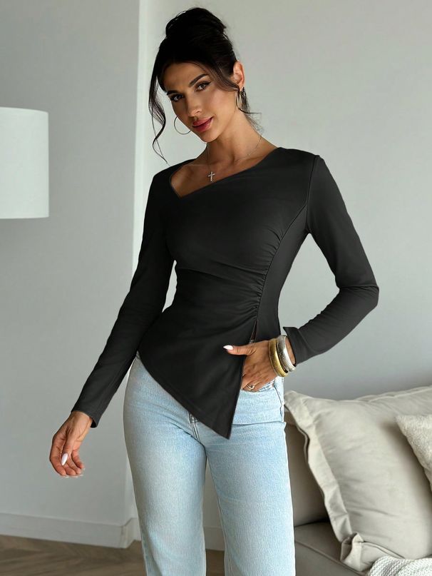 Elegant Solid Color Long Sleeve T-Shirt Autumn Winter Street Style Simple Waist Troops Hem Tight Top For Women_ecoleips.com