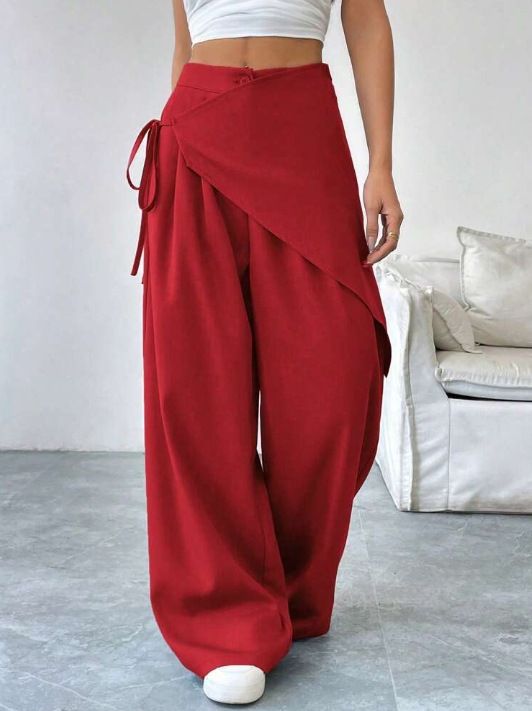 Designer Asymmetrical Wide-Leg Pants For Women – High-Waisted Polyester Dress Trousers With Unique Hemline, Office & Casual Chic_ecoleips.com
