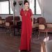 Red Embroidered Halter Neck Dress With Tassel Details & High Slit - Elegant Evening Gown_ecoleips.com