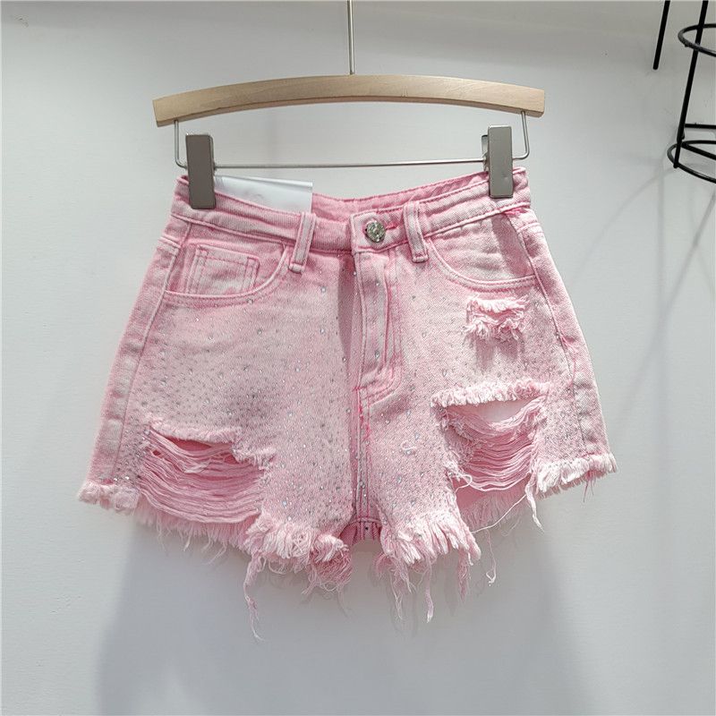 Women's Ripped Denim Shorts 2023 New Summer Style High-waisted Slimming Heavy-duty Colorful Rhinestone Hot Pants For_ecoleips.com