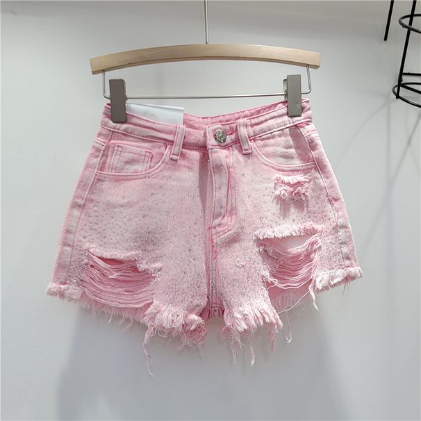 Women's Ripped Denim Shorts 2023 New Summer Style High-waisted Slimming Heavy-duty Colorful Rhinestone Hot Pants For_ecoleips.com