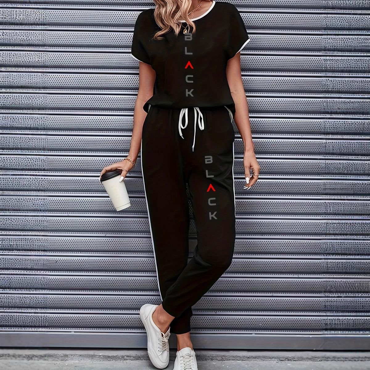 Women's Color Block Trim Casual Suit Loose Fit Short Sleeve American Style Spring Summer Autumn New_ecoleips.com