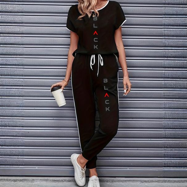 Women's Color Block Trim Casual Suit Loose Fit Short Sleeve American Style Spring Summer Autumn New_ecoleips.com