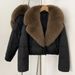 Elegant Short Down Jacket With Fox Fur Trim – Slim-Fit Winter Coat For Women, Detachable Hood & High-End Styling (Black/Brown Options, S/M Sizes)_ecoleips.com