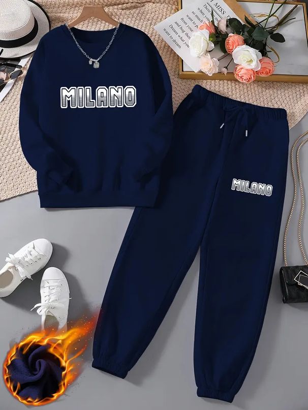 Women's Fleece Lined Sweatshirt Set Two Piece Thickened Autumn Winter Fashion Letter Print Clothing_ecoleips.com