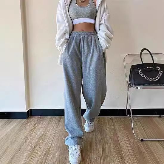 Women's High-Waisted Lounge Pants Loose Fit Casual Sweatpants Elastic Waist Soft Polyester Streetwear Essentials Light Grey S-2XL_ecoleips.com